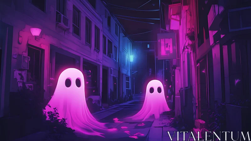 Friendly neon ghosts share a quiet stroll down a city alley
