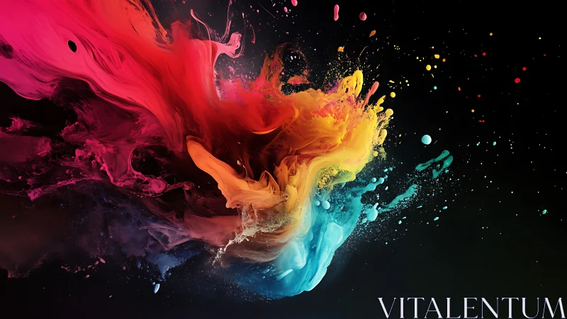 Multicolored digital paint plumes expand across dark field