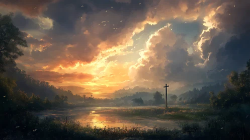 Sunset wetland landscape with cross and dense cloud cover.