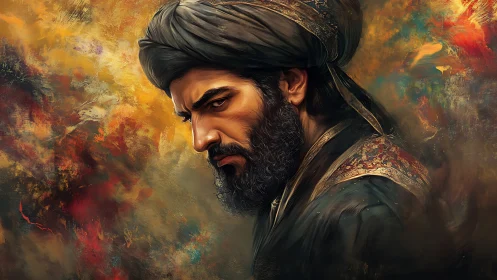 Regal turbaned warrior in dramatic painterly chiaroscuro.