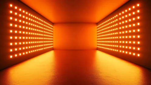 Rectangular corridor contains parallel orange LED panels