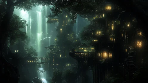 Forest citadel of lanterns hums beside emerald waterfalls