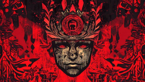 Symmetrical cyber-tribal portrait with red ornamental crown