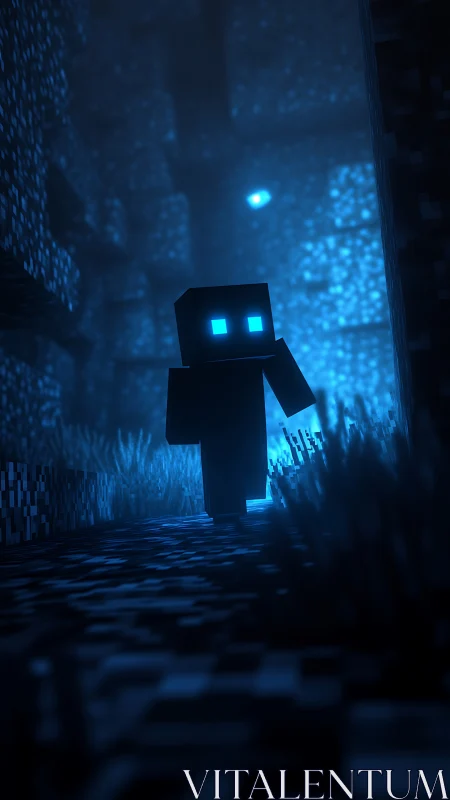 Pixel wanderer with neon eyes in a cavern of midnight code.