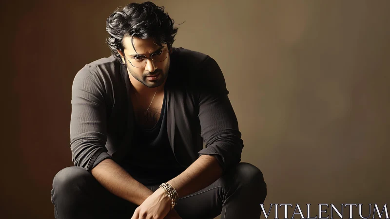 Moody seated portrait with soft key lighting and shallow depth