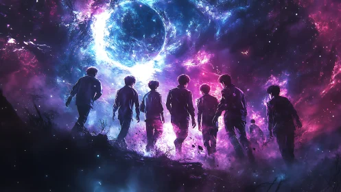 Starlit silhouettes stride toward a luminous cosmic horizon