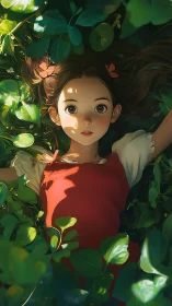 Sunlit anime girl in red dress lying amid verdant foliage