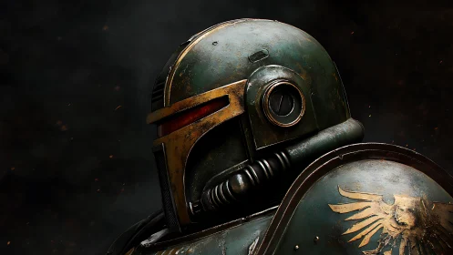 Battle-worn space guardian in emerald armor gazes ahead.