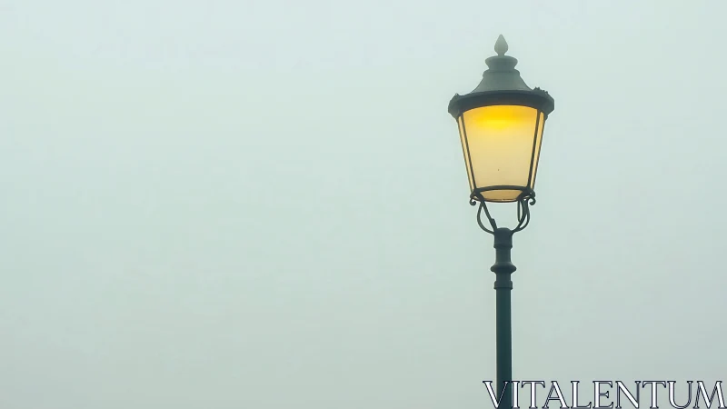 Solitary street lamp glows softly through dense morning fog.