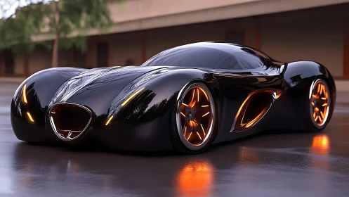 Aerodynamic obsidian hypercar with luminescent rim lighting.