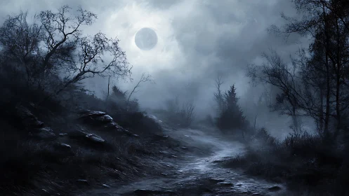 Moonlit forest path under fog with bare winter trees.