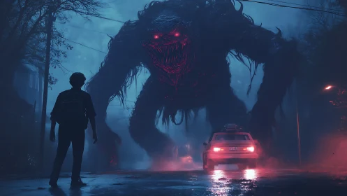 Cinematic digital horror scene with colossal neon-eyed monster.