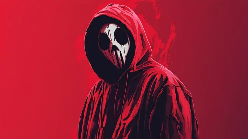 Hooded skull mask figure in red minimalist backdrop.