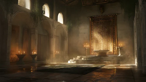 Stone hall interior with elevated dais and wall tapestry.