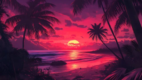 Tropical palm beach at vivid red and purple sunset sky.