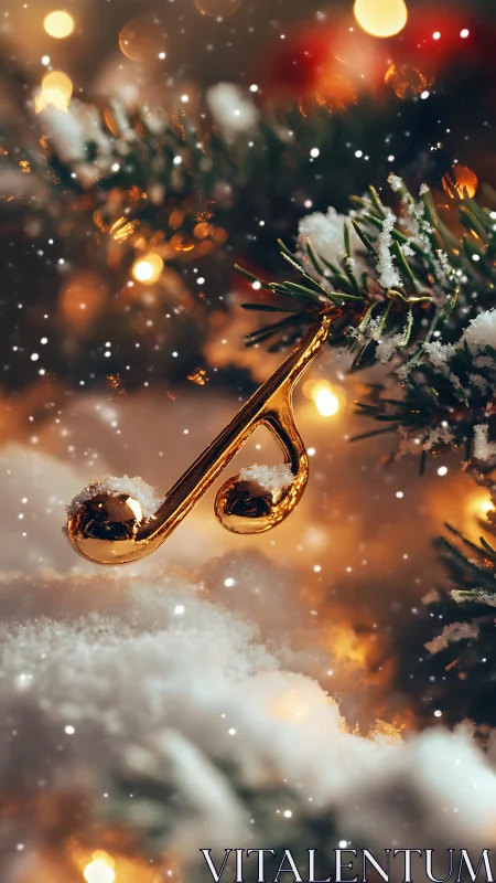 Golden music note ornament glows amid snowy pine bokeh.