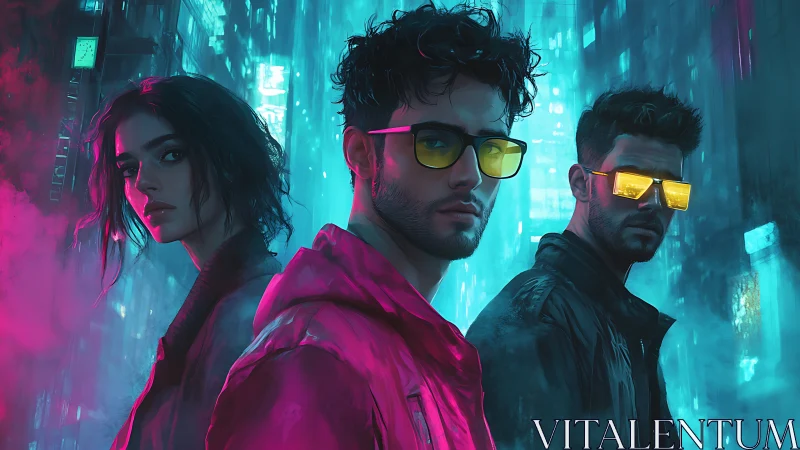 Cyberpunk trio in neon alley with reflective yellow glasses.
