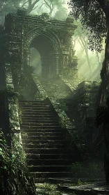 Weathered jungle stairway ascending to misted stone arch