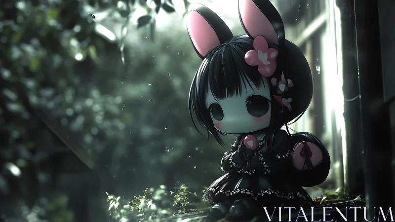 Lonely bunny-eared doll rests in a soft rainy garden glow