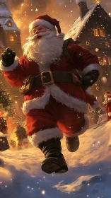 Santa Claus runs through snowy village at golden dusk
