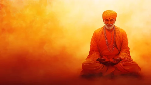 Meditating monk sits in radiant orange spiritual glow.
