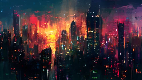 Neon dusk skyline melting into a blazing cybernetic storm.