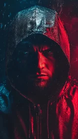 Hooded male portrait in dual red blue side lighting.