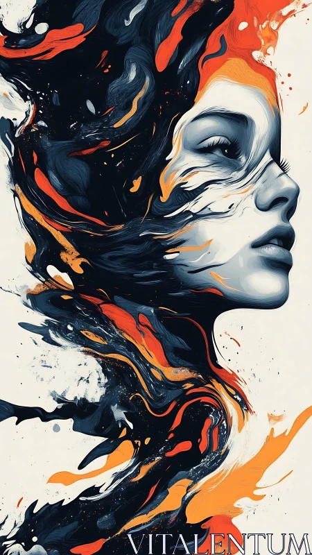 Abstract female portrait in swirling fluid orange strokes.