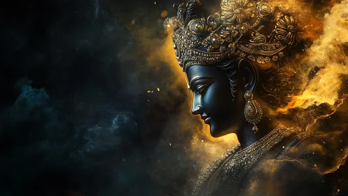 Radiant divine figure glows softly against swirling cosmic mist