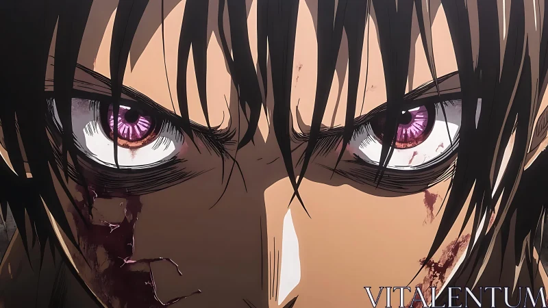 Anime close-up of wounded, intense male gaze composition.