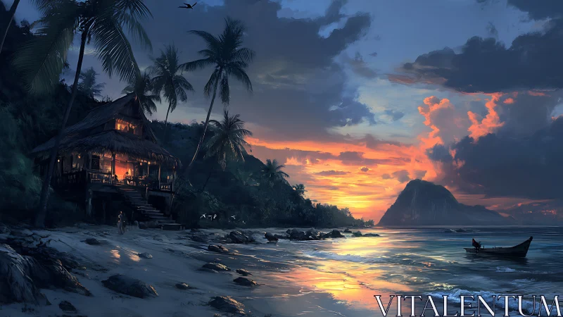 Tropical Beach Sunset with Illuminated Coastal Dwelling. Serene Ocean Landscape.
