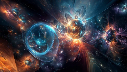 Fractal cosmic orbs in luminous nebula energy field.