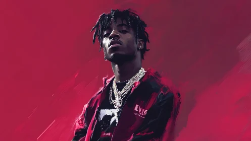 Digital painting portrait with high-contrast crimson field background.