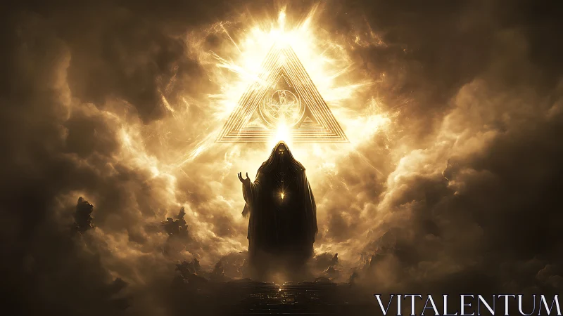 Radiant robed figure beneath blazing geometric triangle.