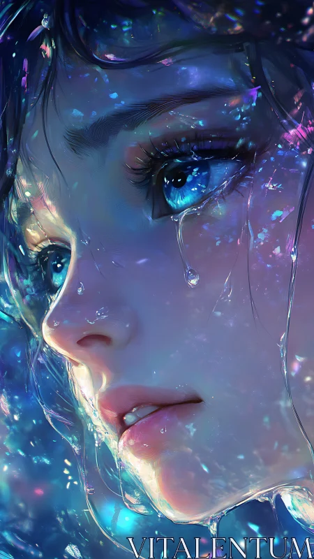 Iridescent tears spill across a luminous anime face.