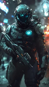 Neon street trooper stalking through chrome soaked midnight.