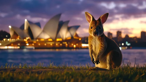 Sunset wallaby before Sydney Opera House glowscape.