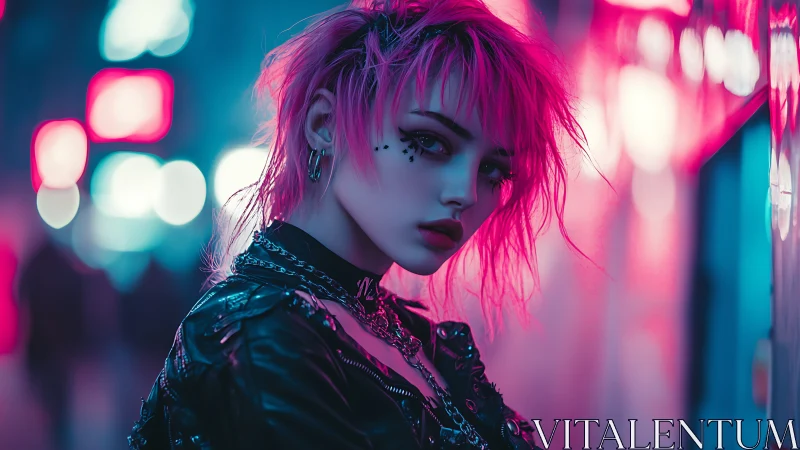 Neon lit street portrait shows stylized figure in pink hair