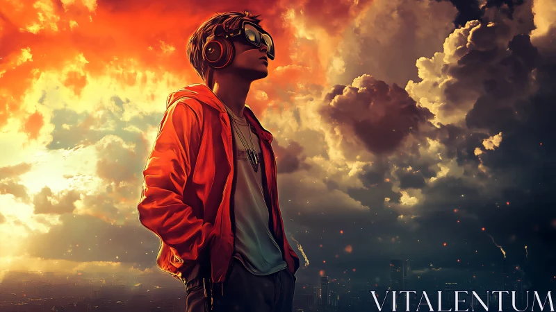 Futuristic youth under burning storm clouds in orange jacket.