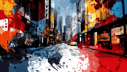 Urban street explodes with bold abstract paint splashes.