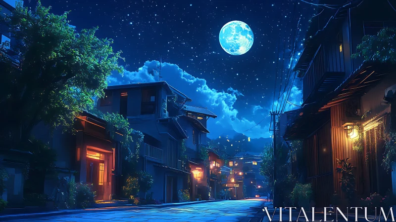 Luminous blue moon above quiet Japanese alleyway at night