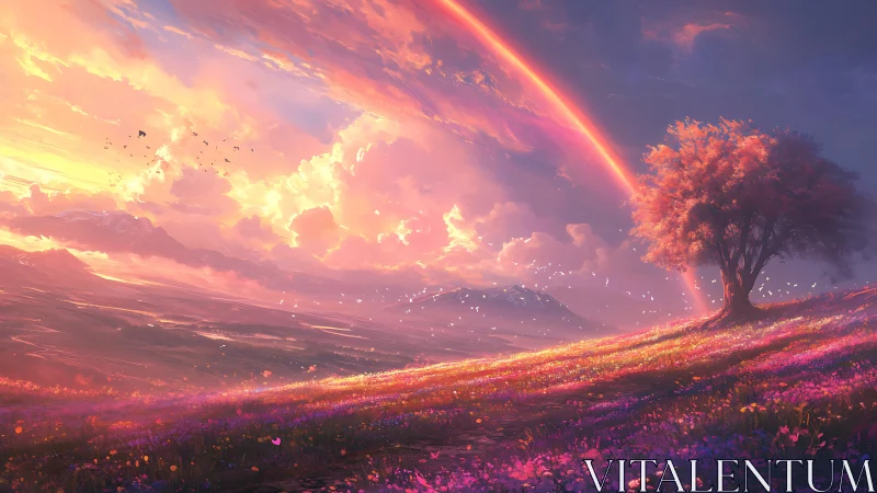 Sunlit rainbow meadow embracing a quiet, dreaming tree.