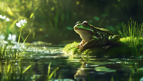 Sunlit moss throne where a thoughtful frog rules the pond.