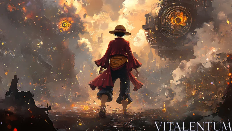 Straw-hatted figure stands before glowing machines in ruins