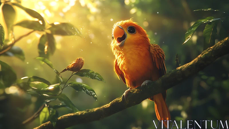 Vibrant orange songbird singing on a sunlit forest branch, digital art.