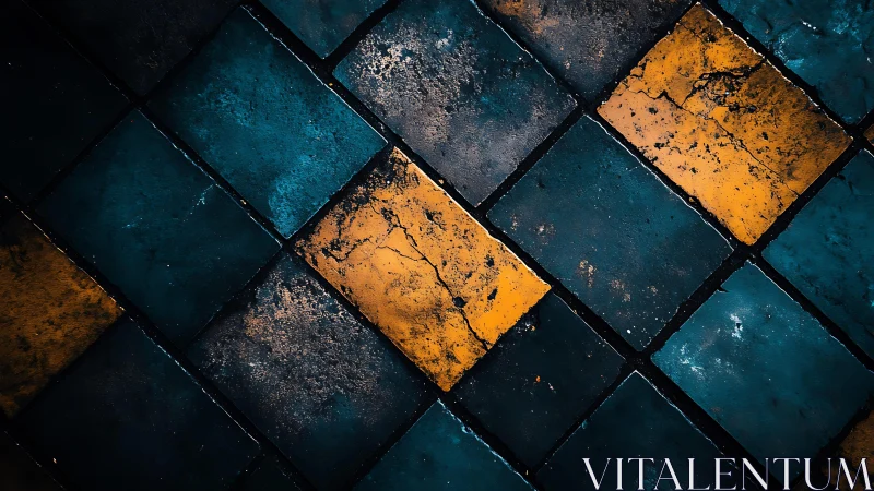 Grungy blue and yellow ceramic tiles in geometric pattern.