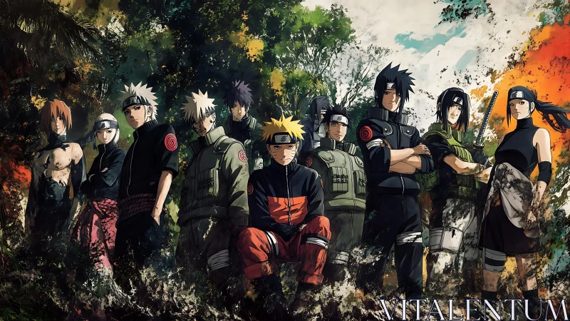 Tactical shinobi lineup in dense forest splash-ink ambience.