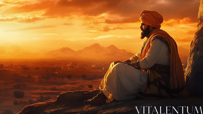 Man in traditional robes watching desert sunset from cliff.