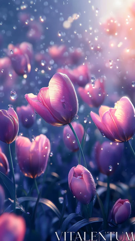 Backlit tulips rendered with bokeh depth effects and luminescent particle diffusion