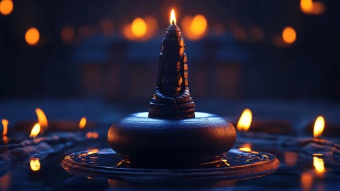 Sacred candle sculpture glows over dark reflective water.